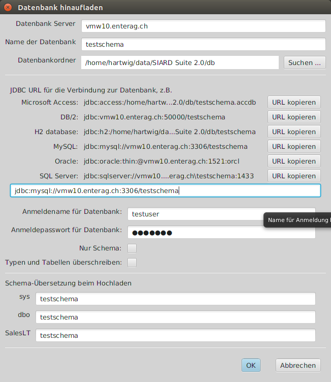 Upload connection dialog