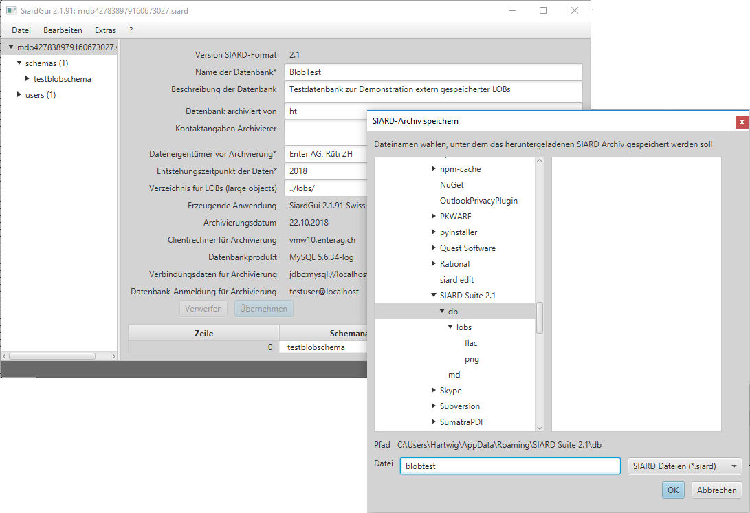 SIARD Archiv mit externen LOBs speichern