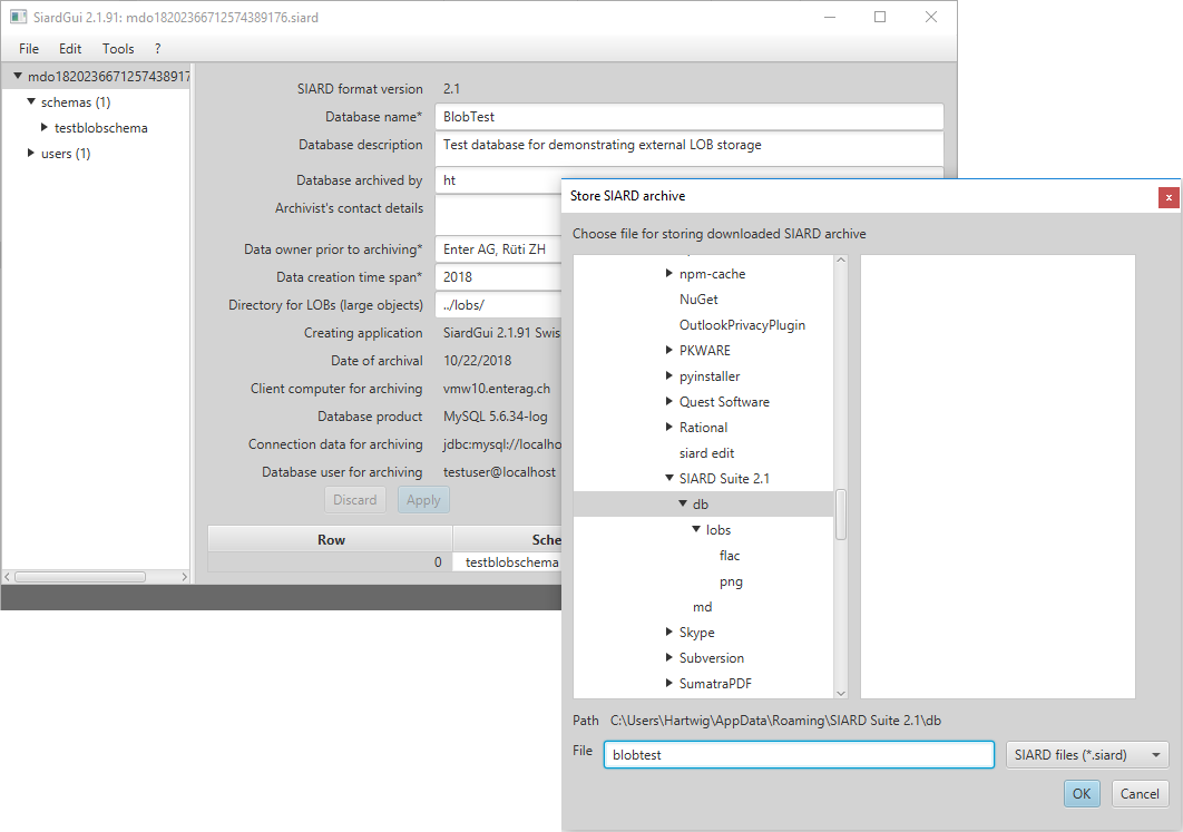 Store SIARD archive with External LOBs Storage