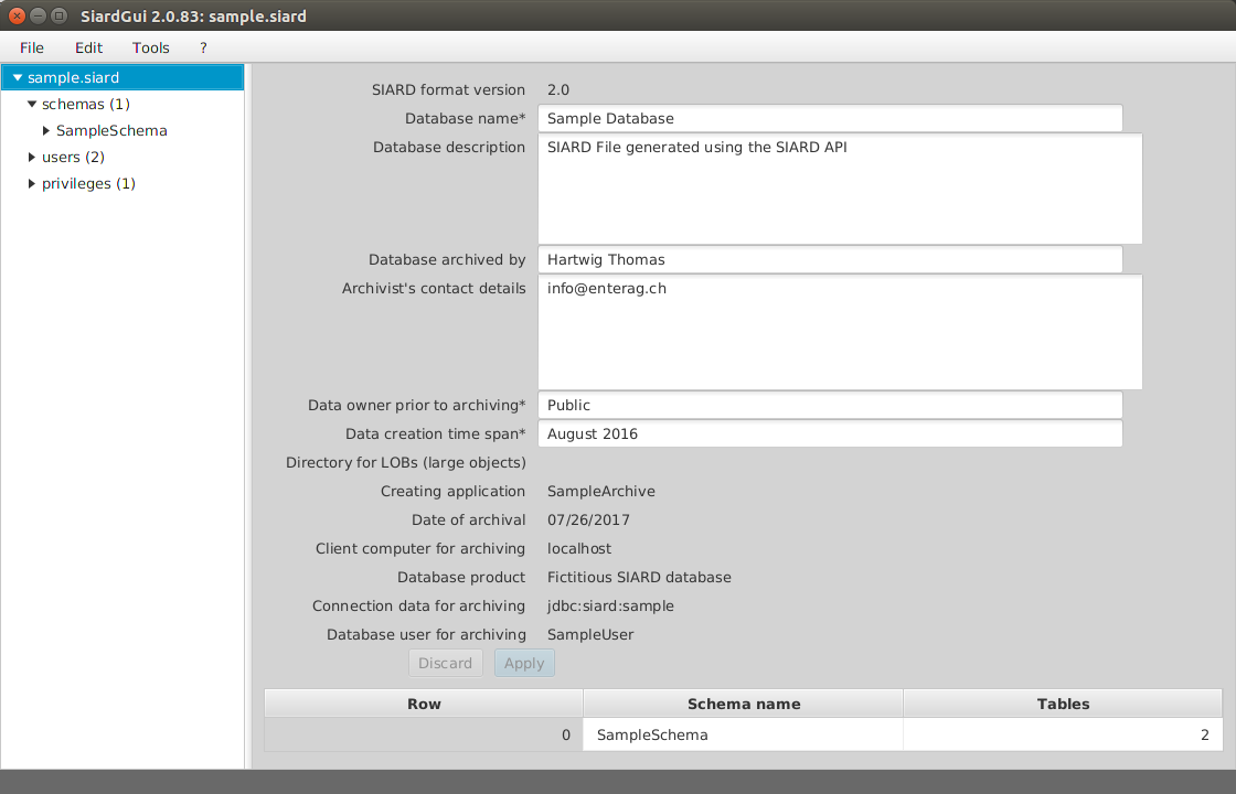 Main window with opened SIARD file